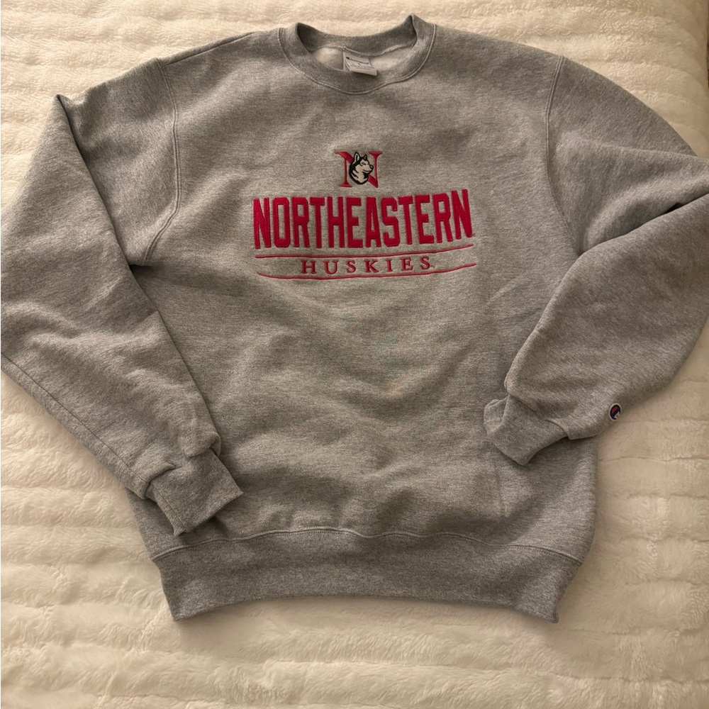 Champion Gray Crewneck Sweatshirt with Red Northeastern Huskies Logo